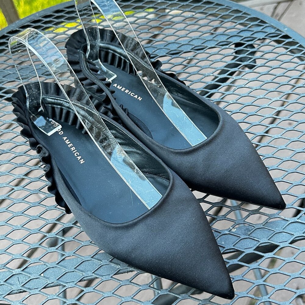 Good American Show Off Slingback Black Satin Ruffle Pointed Toe Flats